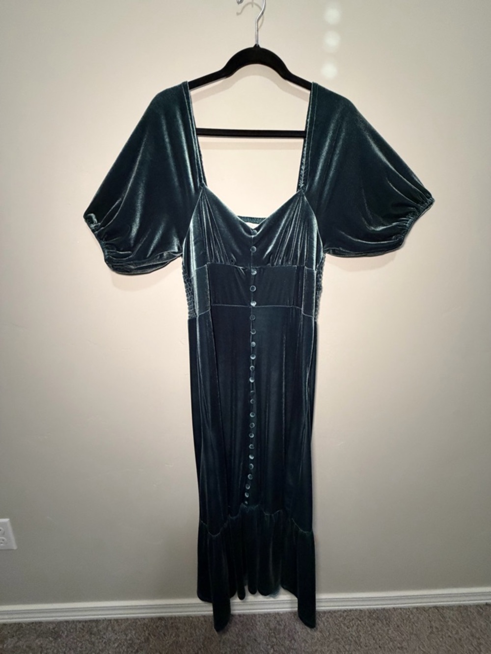 Chelsea & Violet Deep Green Velvet Midi Dress with Buttons